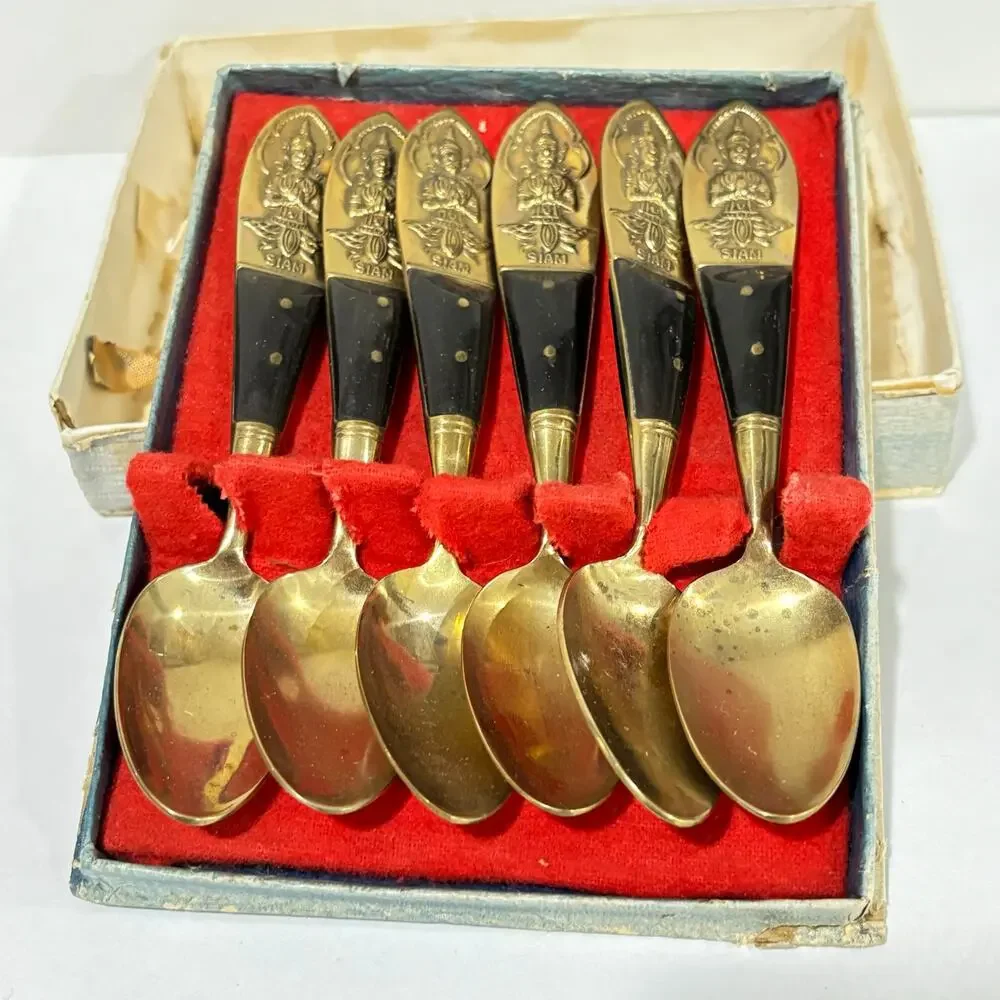 Thailand brass & teak spoons set cocktail espresso tea demitasse boxed set of 6